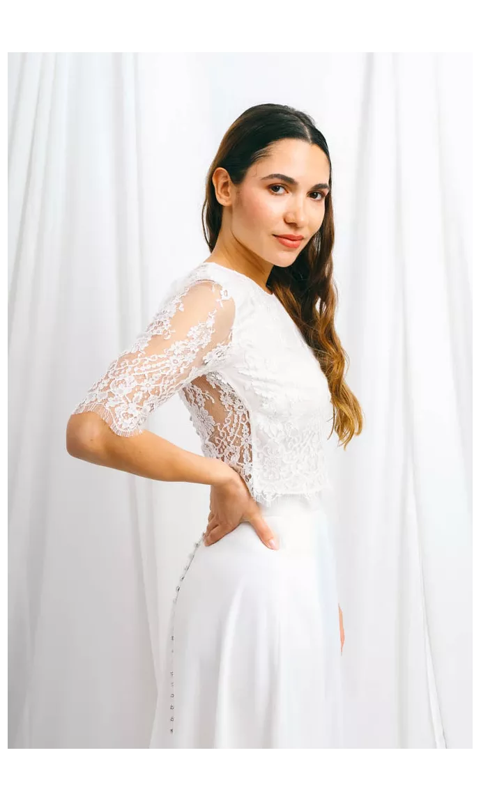 Haut de mariée en dentelle de Calais